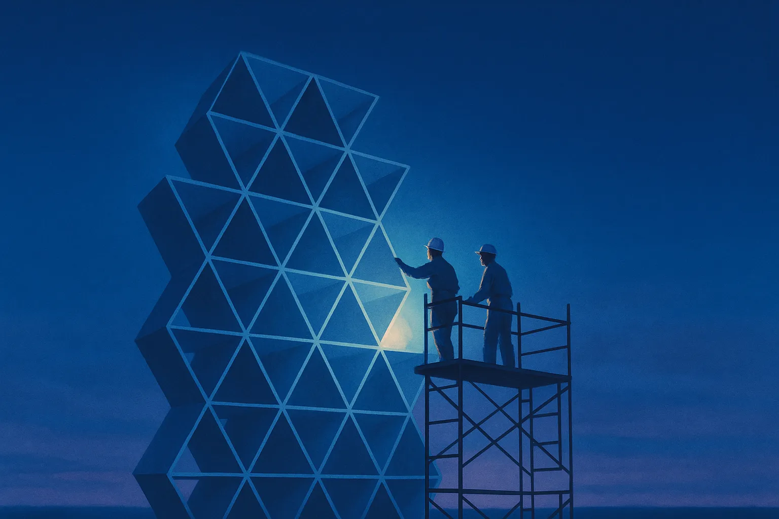 Engineers assembling a structure of triangular modules