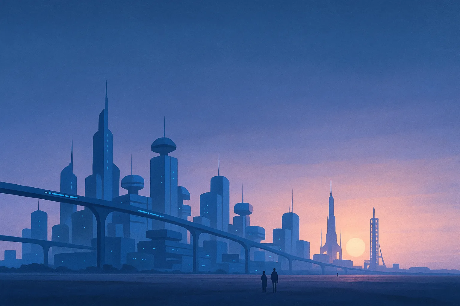 A retro-futurist city skyline at dawn